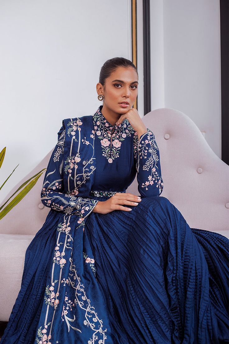 Minhal – Sania Maskatiya International Mina Hasan, Sania Maskatiya, Neckline Details, Bridesmaid Photoshoot, Kurti For Women, Lawn Suit, Embellished Belt, Beautiful Pakistani Dresses, Deep Royal Blue