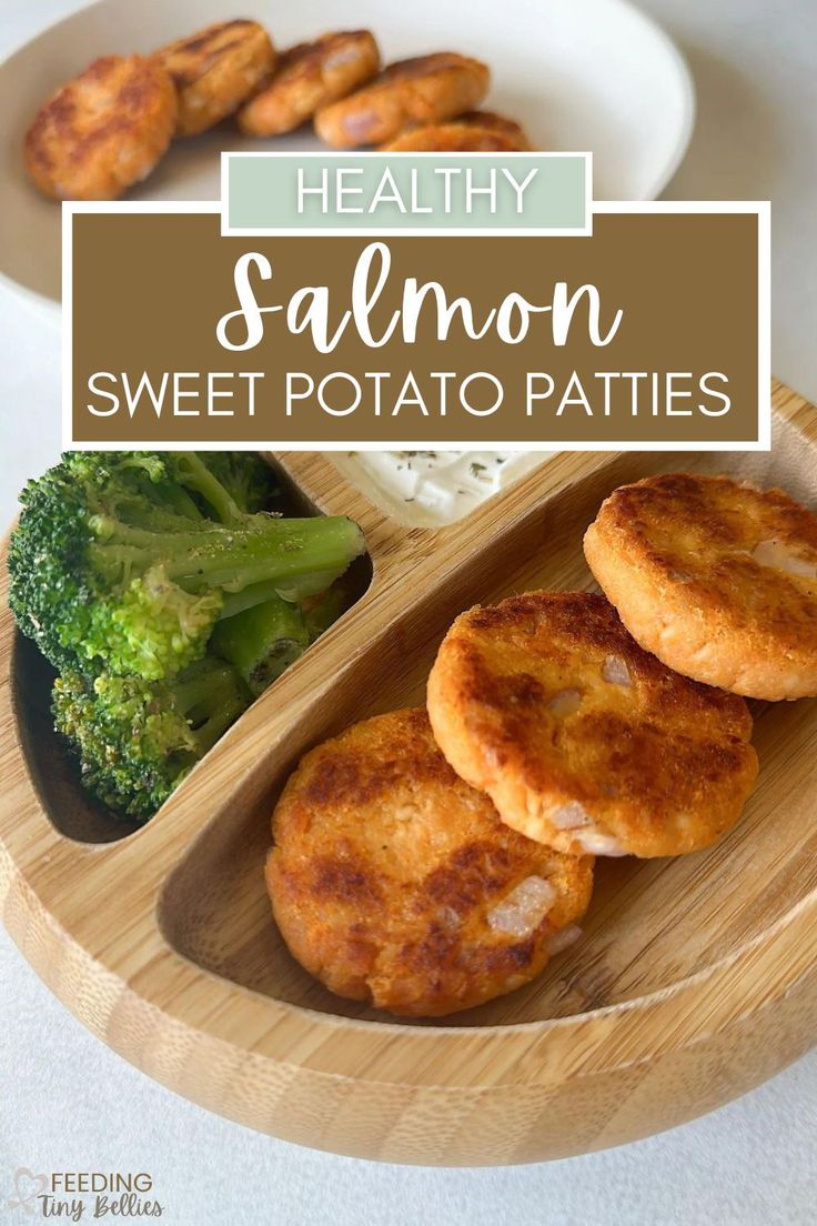 healthy salmon sweet potato patties with broccoli on the side