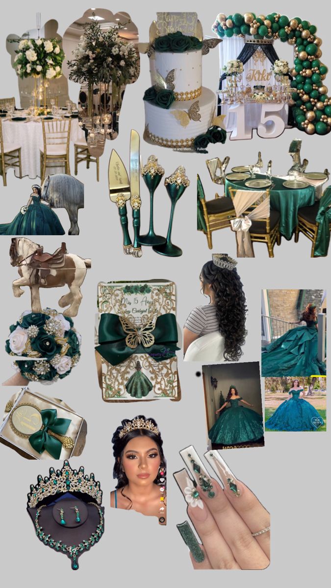 a collage of green and gold items including rings, bracelets, tiara