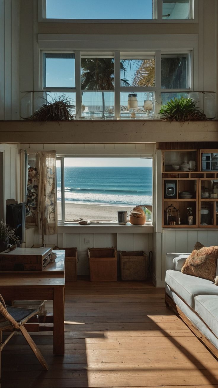 a living room filled with furniture and a large window overlooking the ocean in front of it