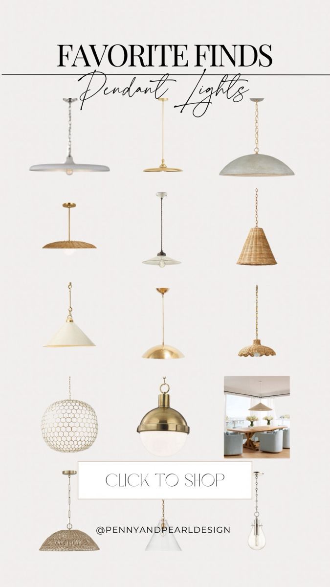 an assortment of pendant lights with the words favorite finds in white and gold on them