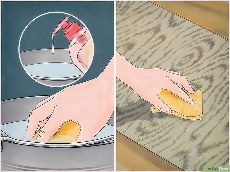 two pictures showing how to clean a dish with a sponge and cloth on the table