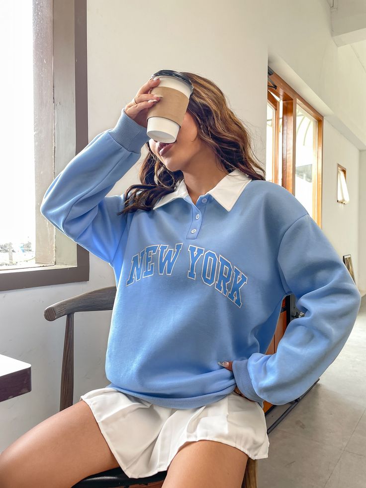 Polo Collar Drop Shoulder Letter Graphic Pullover,Long Sleeve Tops Blue Casual  Long Sleeve Fabric Letter Half Placket Slight Stretch Spring/Fall Women Clothing, size features are:Bust: ,Length: ,Sleeve Length: Korean Sweatshirt, Fall Chicago, Sweat Outfit, Chic Maxi Dresses, Collared Sweatshirt, Sweatshirt Fabric, Contrast Collar, Oversized Pullover, Long Sleeve Polo Shirt