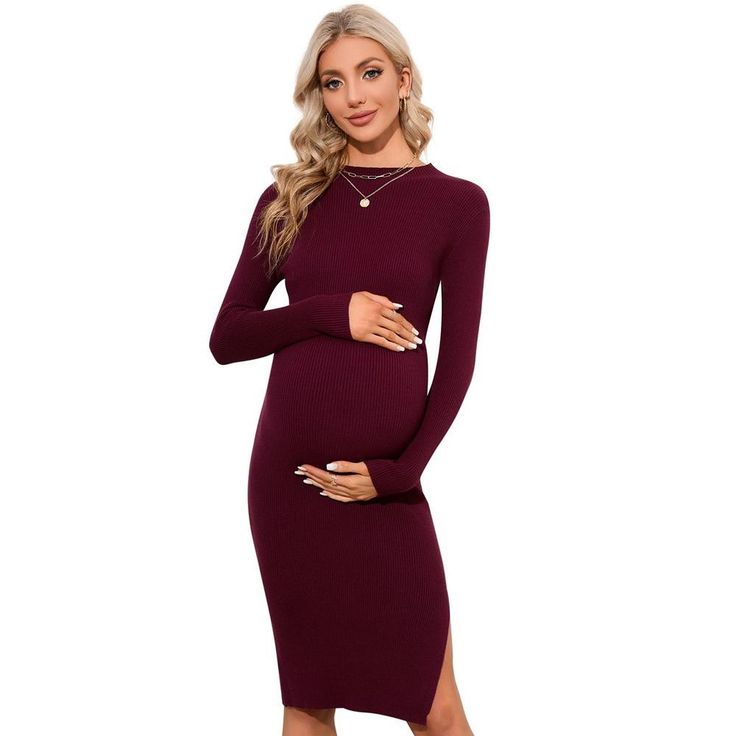 Elevate your maternity style with the WhizMax Women's Maternity Sweater Dress. This chic bodycon dress is designed to flatter your figure through all stages of pregnancy, featuring a sophisticated ribbed knit texture and a stylish side slit that adds a touch of elegance.

- Style: Bodycon, Midi length
- Features: Crew neck, Long sleeves, Side slit
- Material: Ribbed knit
- Color: Burgundy
- Gender: Female
- Age Group: Adult

Perfect for everything from photoshoots to wedding guest attire, this d Maternity Dresses Winter, Boho Maxi Dress Casual, Classic Pencil Dress, Maternity Bodycon Dress, Chic Bodycon Dress, Maternity Sweater Dress, Long Sleeve Maternity Dress, Burgundy Midi Dress, Navy Blue Midi Dress