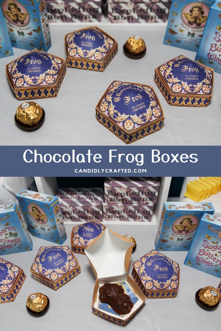 chocolate frog boxes are sitting on a table next to each other with their lids open