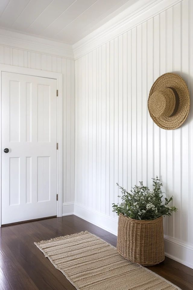 a room with white walls and wood flooring, a large basket on the wall next to a door