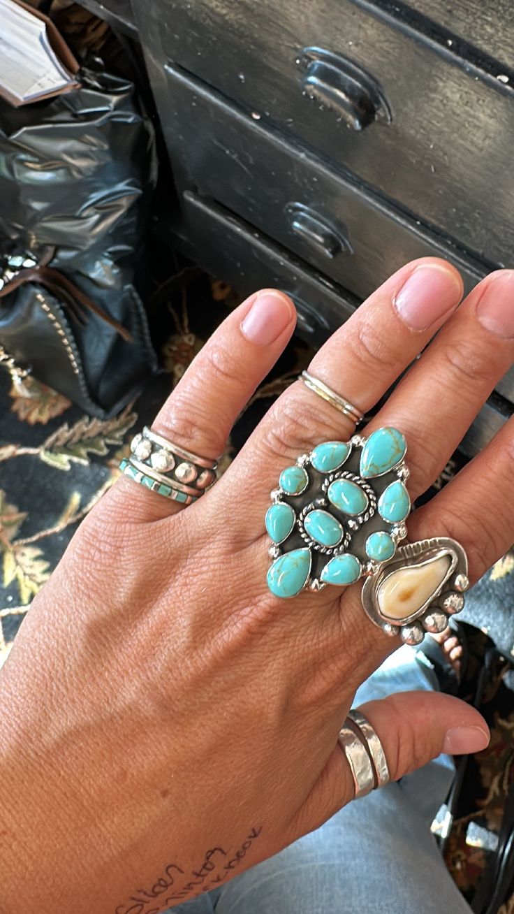 Giant cluster ring. Adjustable. Solid sterling silver. Natural turquoise. Handmade in Mexico. Turquoise Ring Stack, Unique Multi-stone Turquoise Ring In Sterling Silver, Laney Wilson, Cowboy Ring, Ring Stacks, Boho Soul, Cowgirl Bling, Kimono Duster, Ring Stack