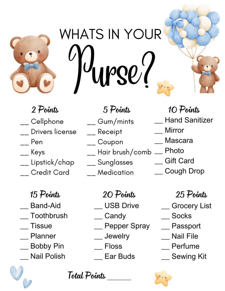 what's in your purse? baby shower game with teddy bears and blue balloons