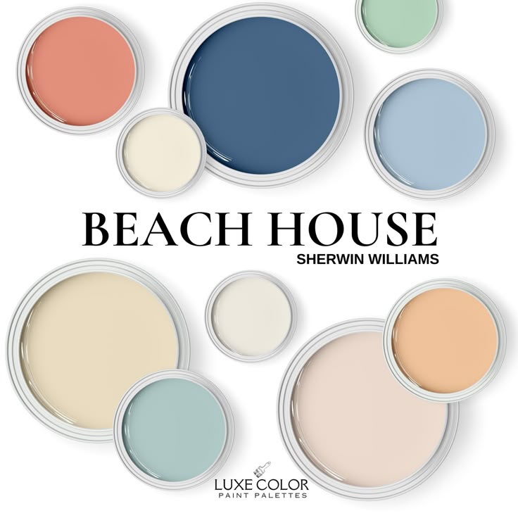 the beach house sherwin williams color palette is shown in various shades and sizes