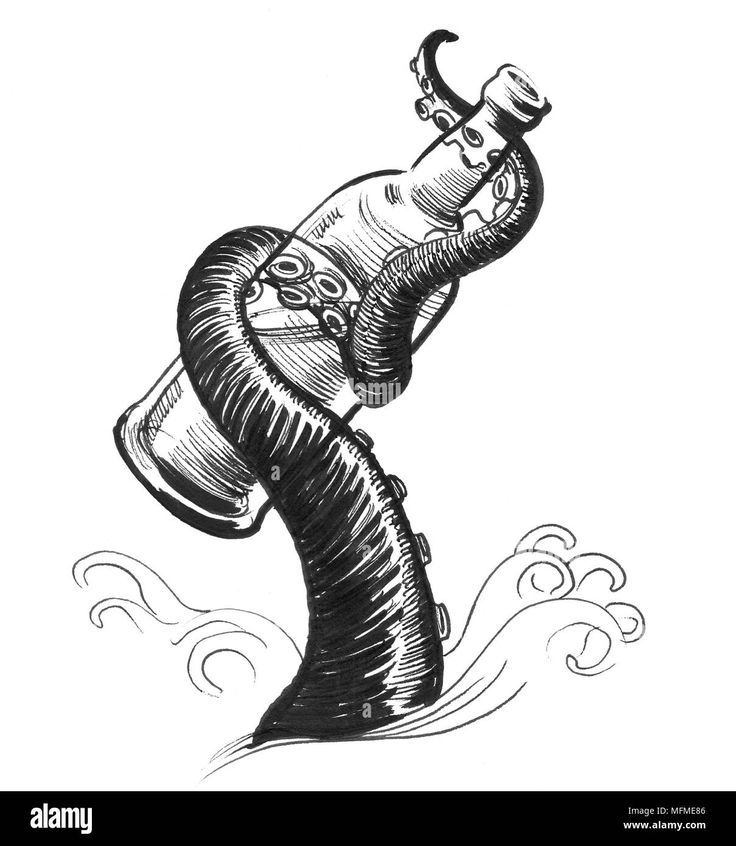 an ink drawing of a bottle in the water with a hat on it's head