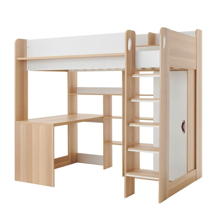 a wooden bunk bed with desk and shelves on the bottom level, against a white background