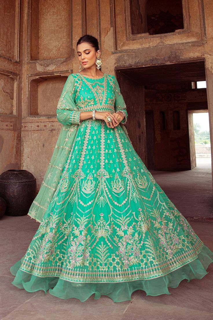 Ferozi Embellished Pakistani Wedding Dress in Kalidar Pishwas Style Traditional Semi-stitched Embellished Gown, Intricately Embroidered Anarkali Set For Reception, Festive Bollywood Gown With Intricate Embroidery, Bollywood Style Festive Gown With Intricate Embroidery, Bollywood Festive Gown With Intricate Embroidery, Floor-length Resham Embroidered Salwar Kameez For Reception, Floor-length Resham Embroidery Salwar Kameez For Reception, Embroidered Floor-length Salwar Kameez For Reception, Anarkali Gown With Intricate Embroidery For Diwali