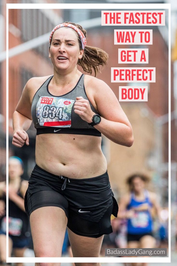 a woman running in a marathon with the words, the fastest way to get a perfect body