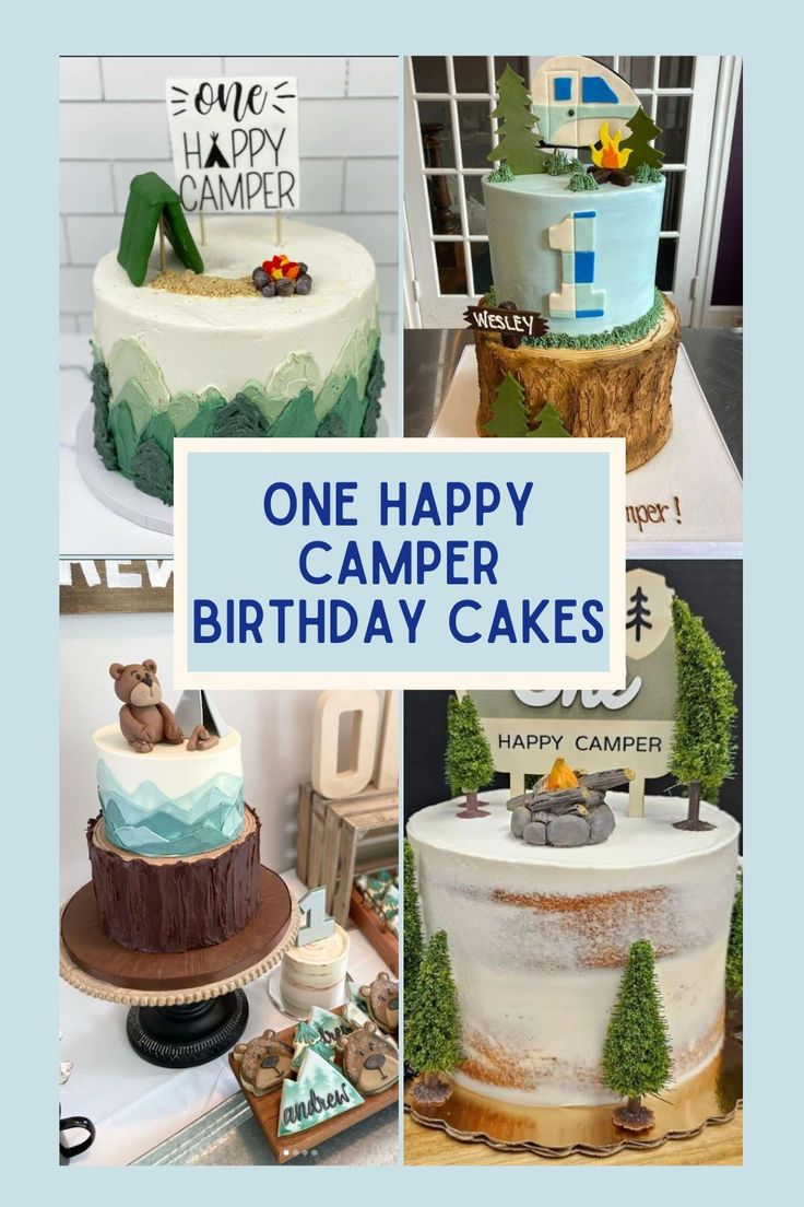 Collage of One Happy Camper 1st birthday cakes, showcasing various camping-themed designs perfect for a 1st Birthday Camping Theme. These cakes feature creative One Happy Camper decor, ideal for a Boy's 1st Birthday party with a Camp Out theme. Perfect inspiration for a One Happy Camper smash cake or desserts at a Camping Themed 1st Birthday Party. Camper Smash Cake, Happy Camper Smash Cake, One Happy Camper Smash Cake, Happy Camper Cake, Camper Cake, 1st Birthday Cake Designs, One Happy Camper First Birthday, Camper Cakes, One Happy Camper Birthday