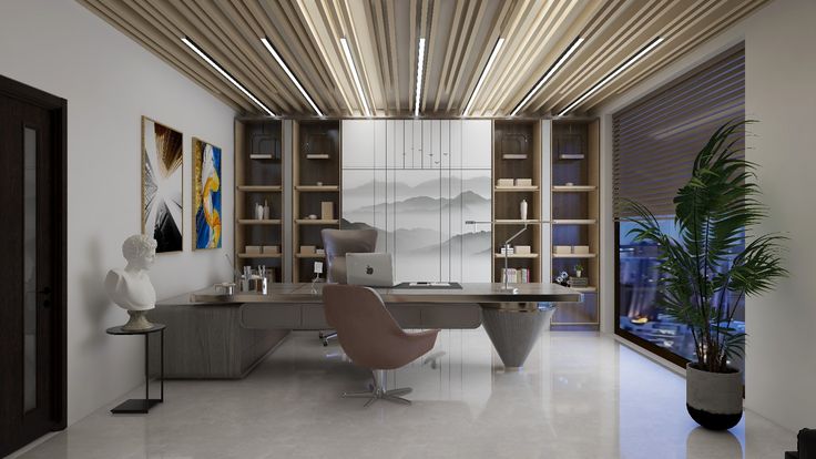 an office with a desk, chair and plant in the middle of the room that is empty