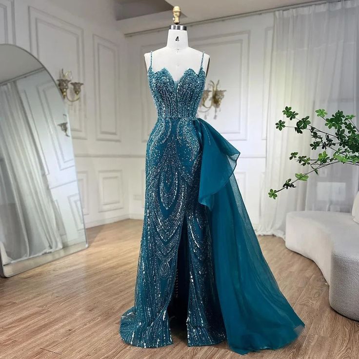 Ready to Ship - 2024 Sky Blue Spaghetti Strap Luxury Evening Dress: Mermaid Beaded Elegant Overskirt for Women's Party Peacock Blue Ball Gown, Blue Evening Gowns, Dress Mermaid, Mermaid Silhouette, Luxury Dress, Ladies Party, Guinea Bissau, Mozambique, British Indian