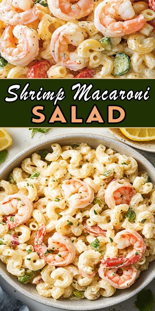 shrimp macaroni salad in a bowl with lemon wedges