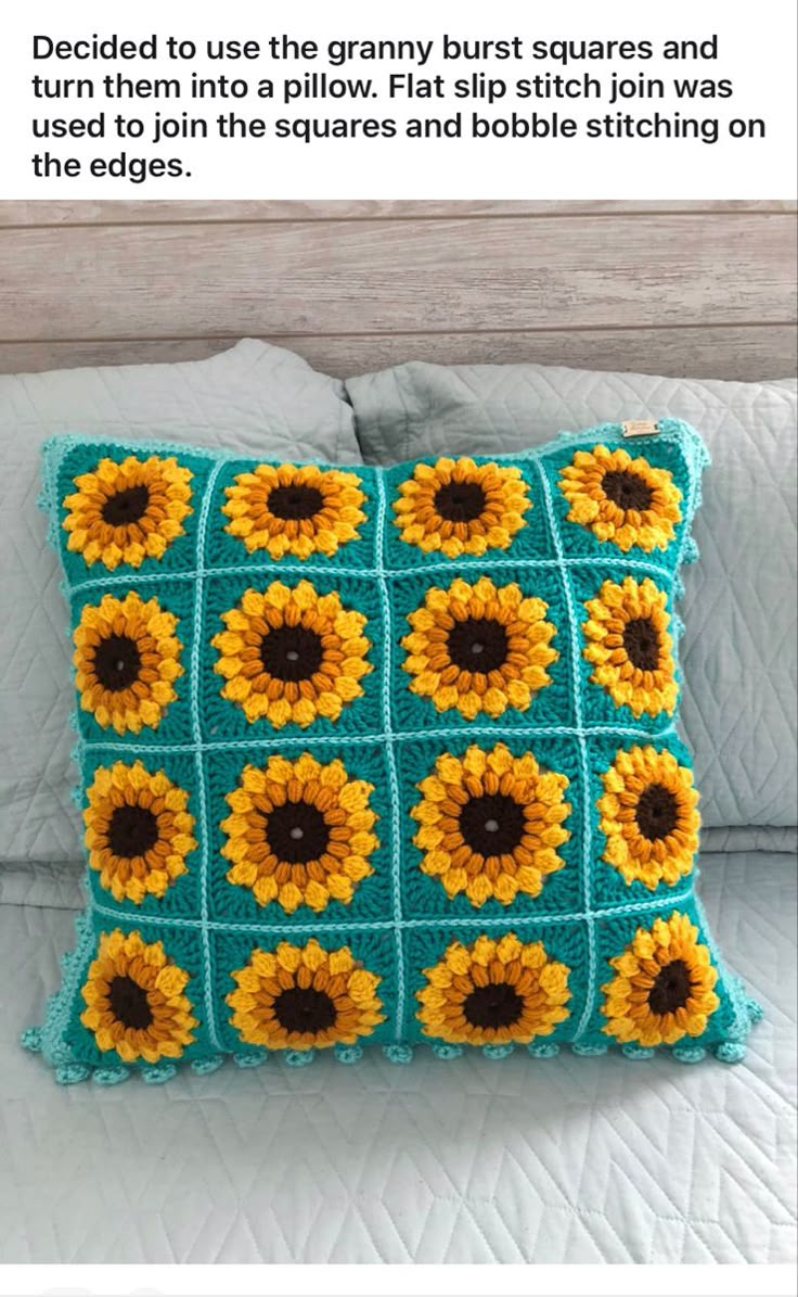 a crocheted pillow with sunflowers on it is featured in the article