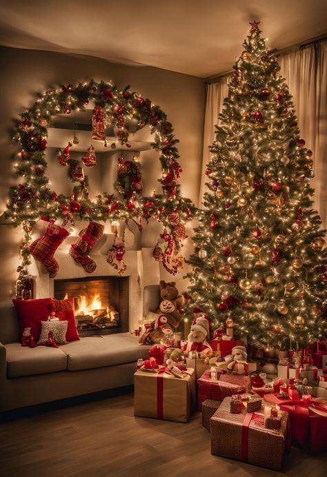 a living room decorated for christmas with presents under the tree