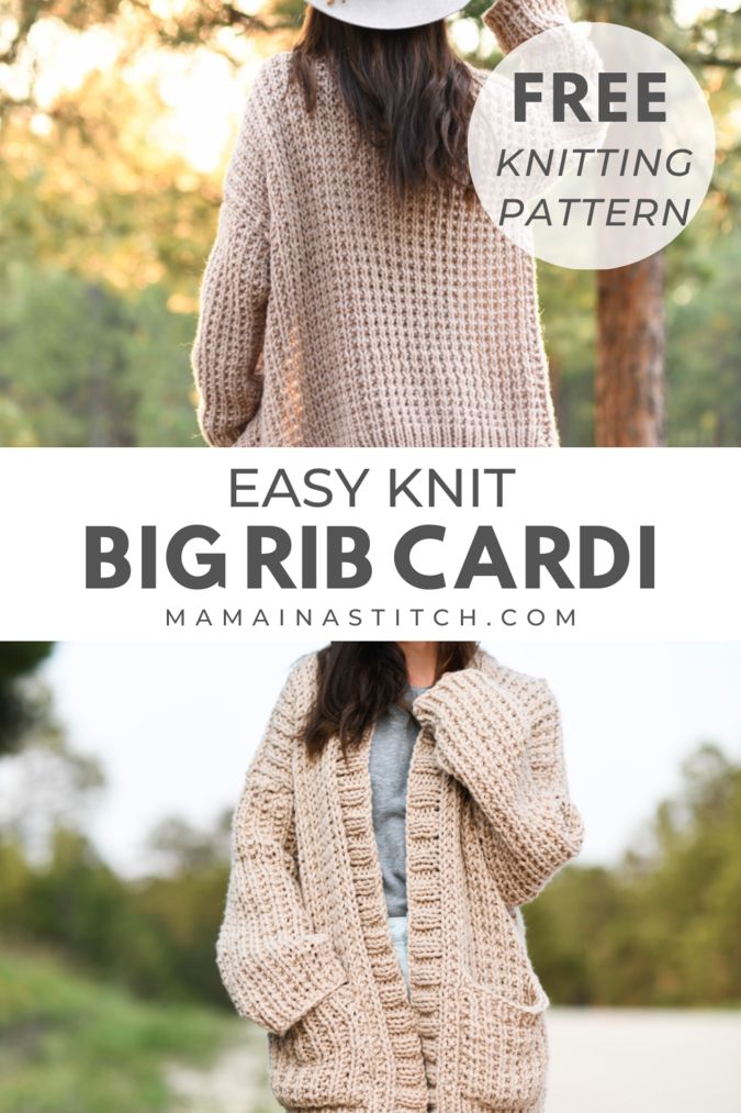 the easy knit big rib cardi sweater pattern with text overlay