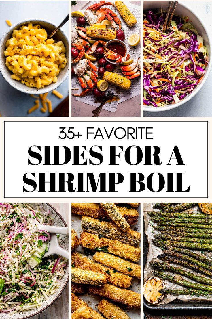 the cover of 55 favorite sides for a shrimp boil with images of different types of food