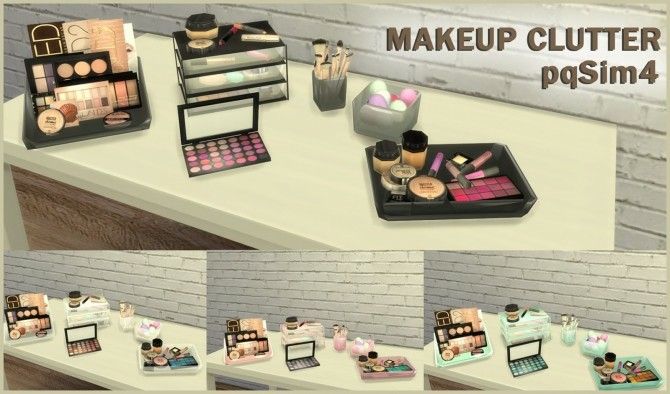 the makeup counter is set up with various items