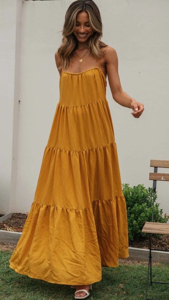 Details: Solid Tiered dress Maxi dress FIT:Regular fit Non-Stretch through fabricStandard sizingCotton&PolyesterSize Available: Size Length Bust inch cm inch cm S 47.2 120 33 84 M 47.7 121 34.6 88 L 48 122 36.2 92 XL 48.4 123 37.8 96 Stretch Cotton Dresses For Brunch, Summer Stretch Dresses In Solid Color, Yellow Solid Color Sundress, Solid Color Cotton Beach Dress, Non-stretch Cotton Summer Dress, Non-stretch Cotton Sundress, Solid Cotton Dresses For Brunch, Yellow Solid Color Dress For Day Out, Non-stretch Summer Maxi Sundress