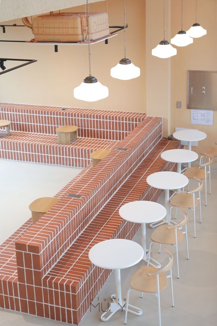 tables and stools are lined up against the wall in an empty room with exposed lighting