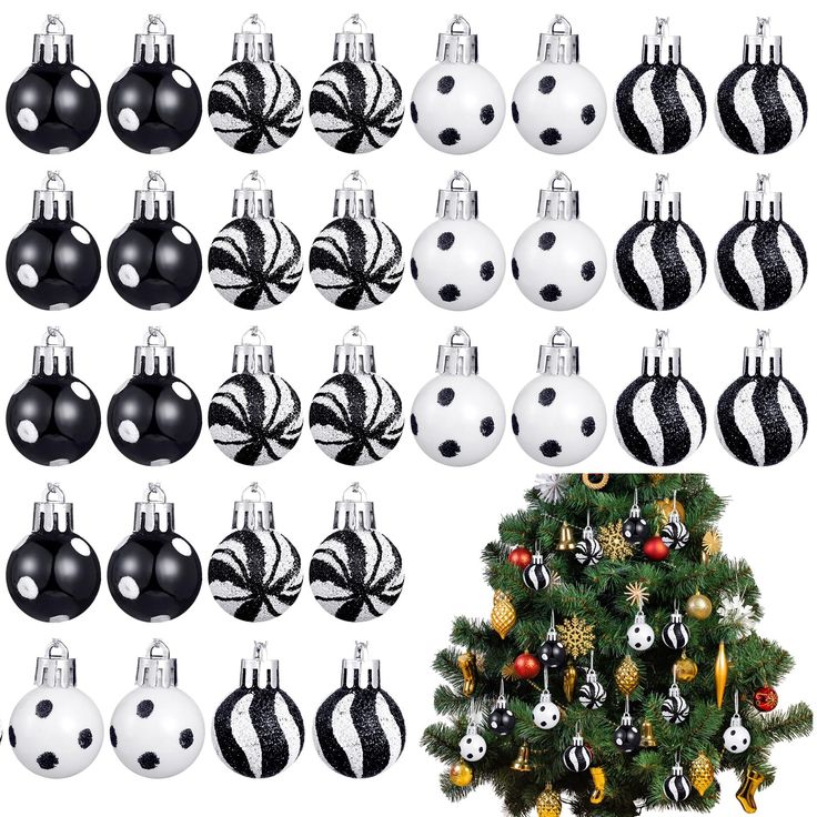 black and white ornaments are hanging on the christmas tree