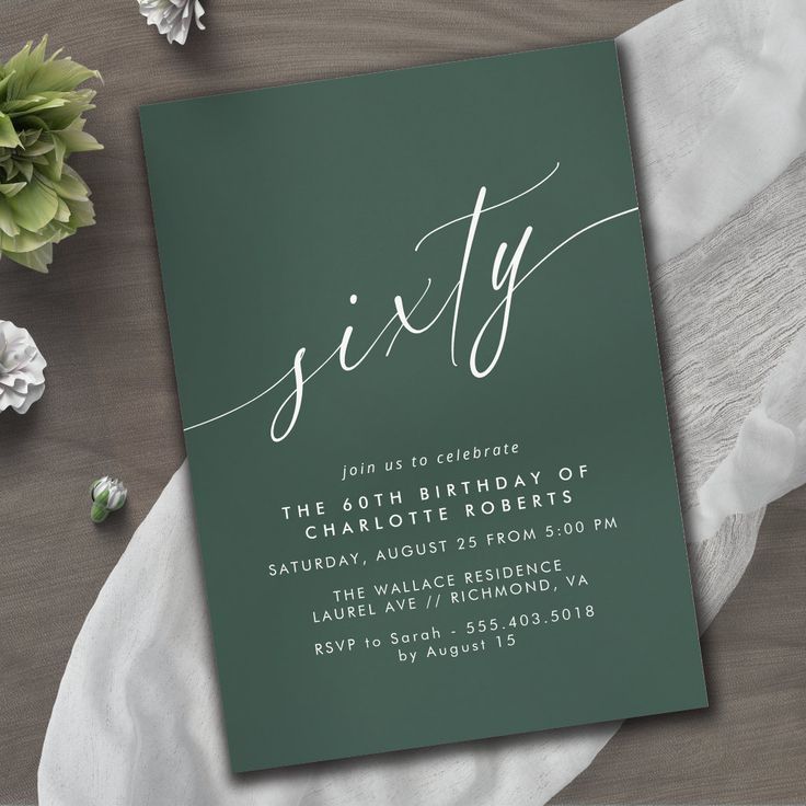 a green and white birthday party card with the word sixty printed in cursive font