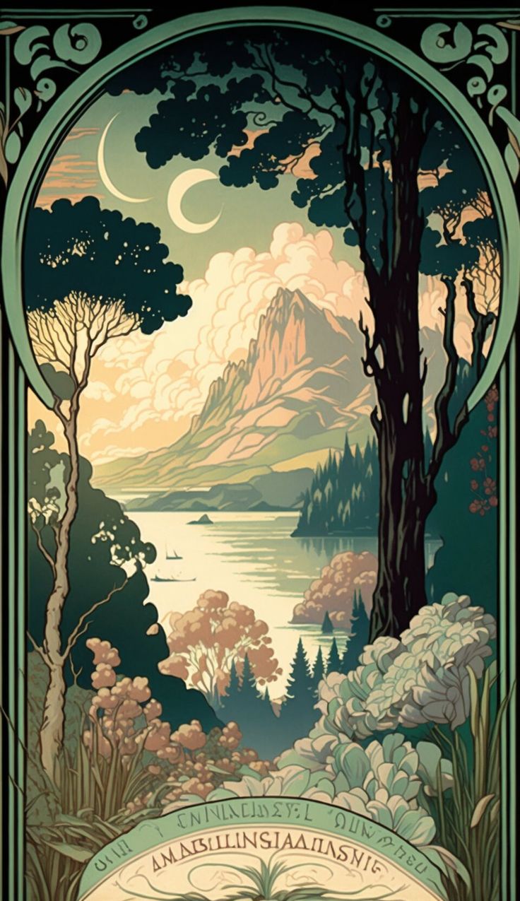 a poster with trees and mountains in the background