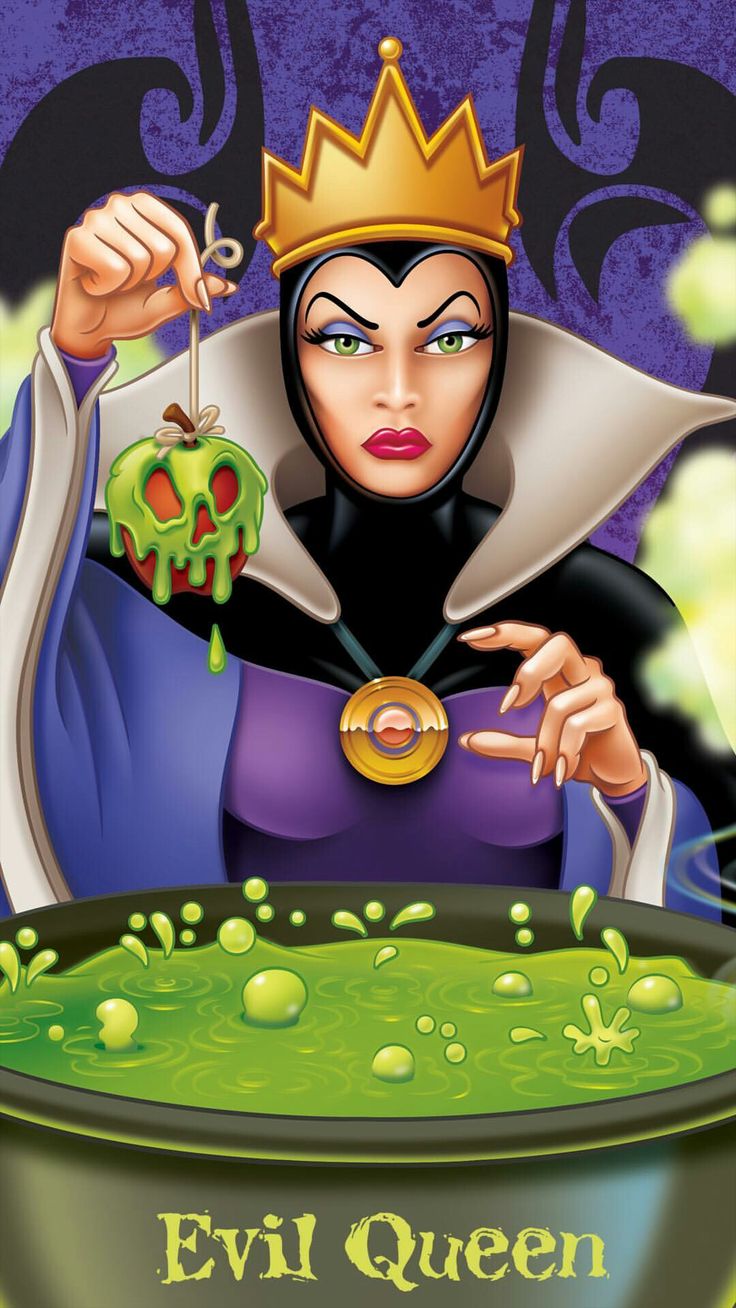 the evil queen is preparing to eat her green halloween treat, and she's wearing a crown