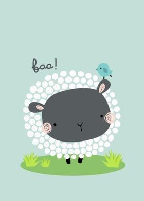 a black sheep standing in the grass with a bird sitting on top of it's head