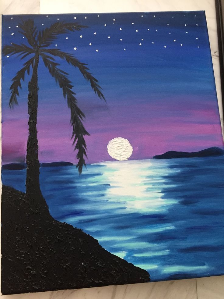 a painting of a palm tree and the ocean at night