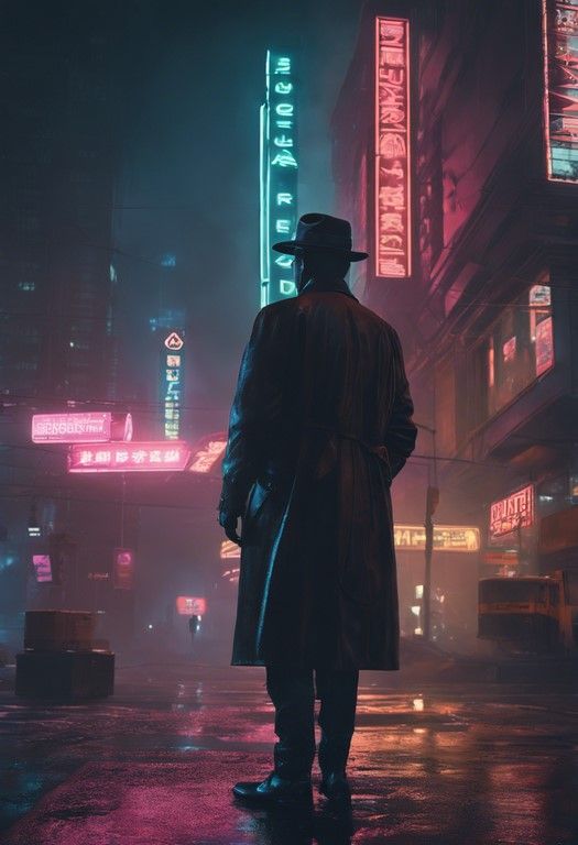 a man in a top hat and trench coat standing on a city street at night