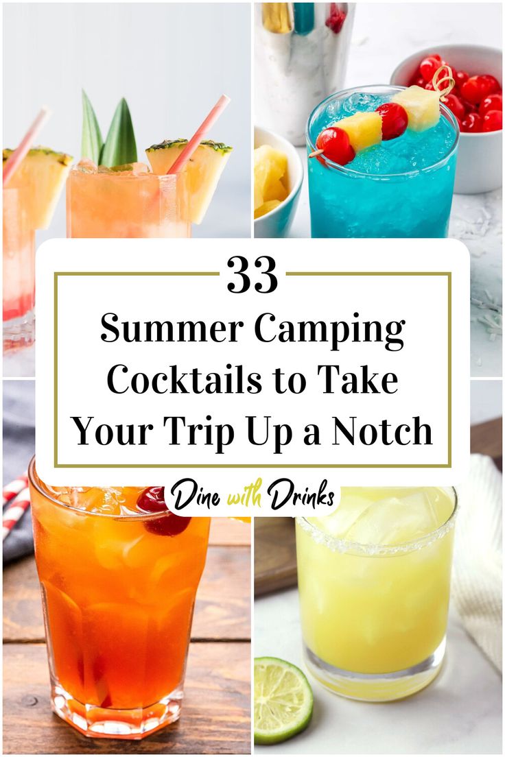 Collage of 4 summer camping cocktails. Alcoholic Drinks For Camping, Easy Refreshing Summer Drinks Alcohol, Mocktails For Camping, Campfire Alcohol Drinks, Camp Theme Cocktail, Camping Themed Cocktails, Easy Camping Cocktails, Camp Drinks Alcohol, Camping Mixed Drinks