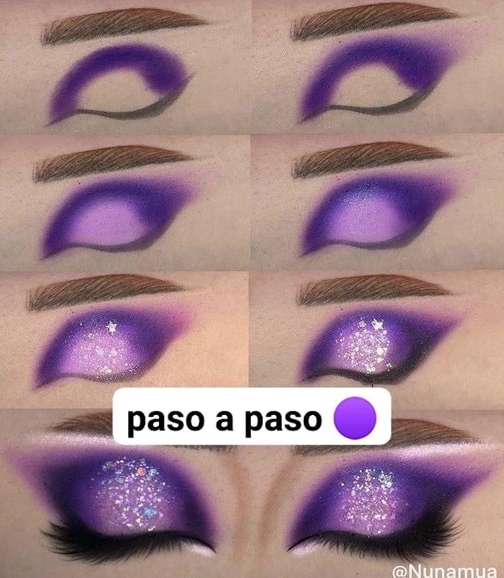 Purple Makeup Step By Step, Crazy Eye Makeup Tutorial, Purple Homecoming Makeup Looks, Purple Face Paint Ideas, Purple Halloween Eye Makeup, Purple Eye Shadow Makeup, Purple And Black Makeup Looks, Purple Eyeshadow Looks Step By Step, Fairy Makeup Purple