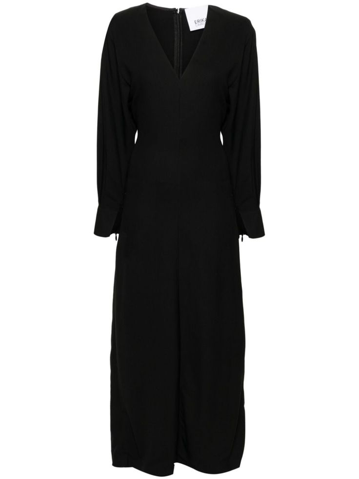 black cady texture V-neck rear zip fastening shoulder pads long sleeves with cuff zips fitted waistline slight flare straight hem long length Wedding Guest Looks, Maxi Dress Black, Yoko London, City Dress, Summer Beach Wear, Black Maxi Dress, Coat Dress, Long Length, Jacket Tops