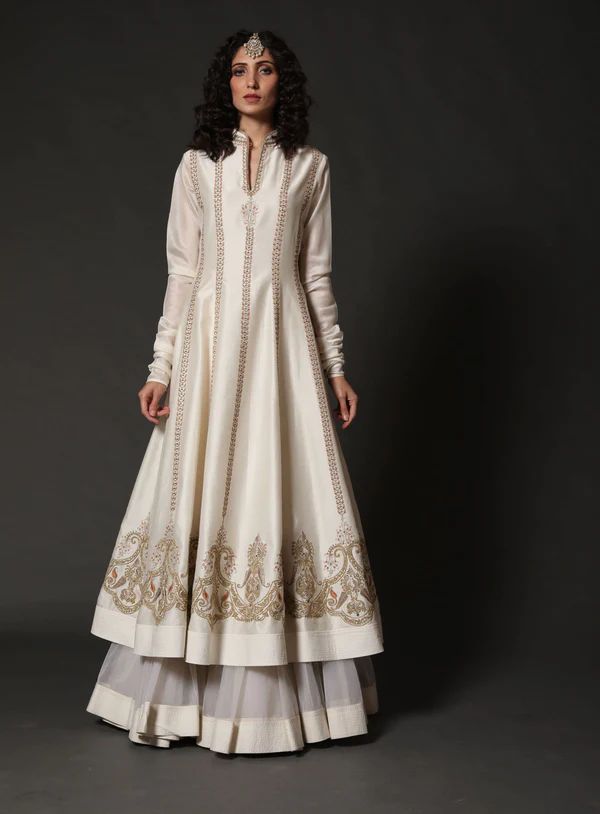 Rohit Bal | Ivory Chanderi Anarkali Set | INDIASPOPUP.COM Chanderi Anarkali, Embroidered Anarkali, Anarkali Dress Pattern, Rohit Bal, White Kurta, Gathered Sleeves, Net Dupatta, Indian Fashion Designers, Anarkali Dress