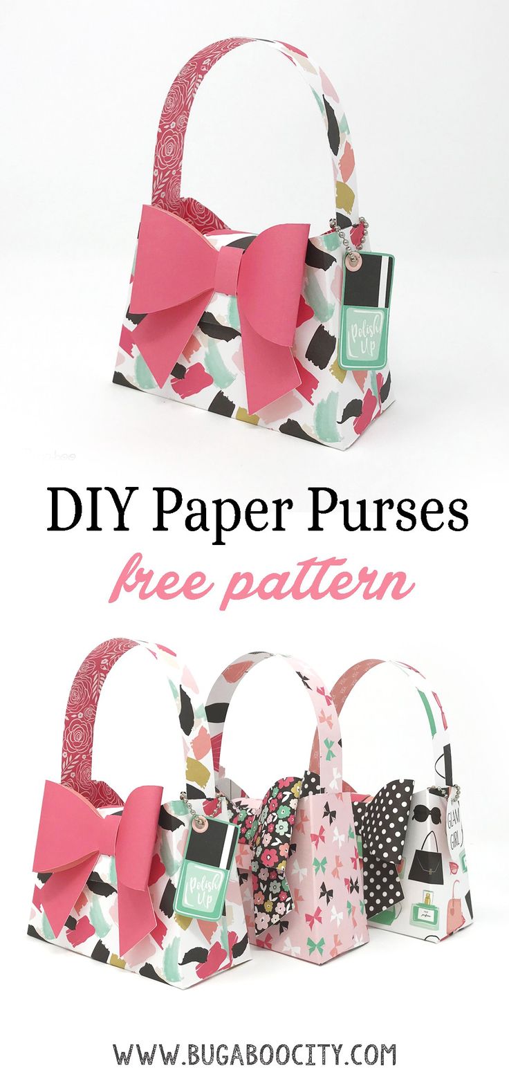 paper purses with pink bows on them and the words diy paper purses free pattern