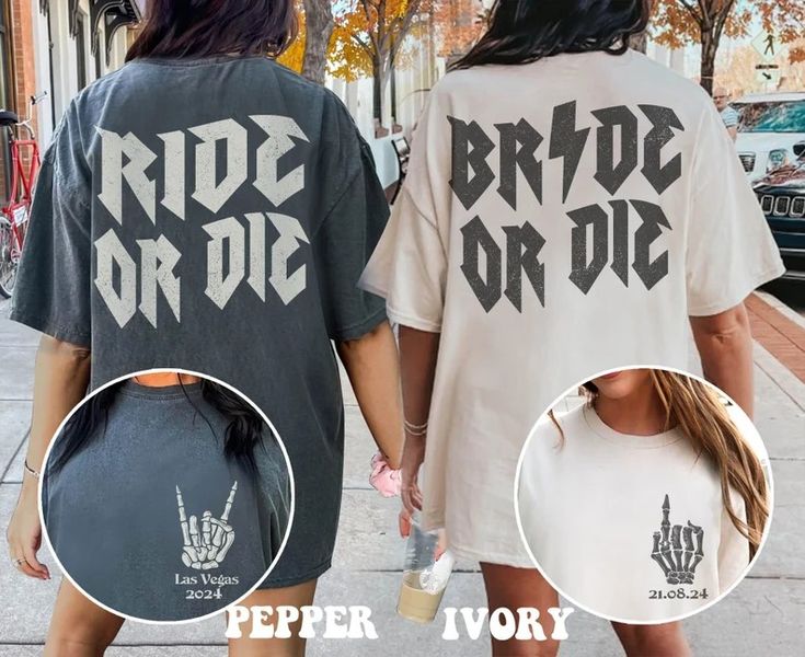 two people are walking down the street holding hands and wearing t - shirts that say ride or die