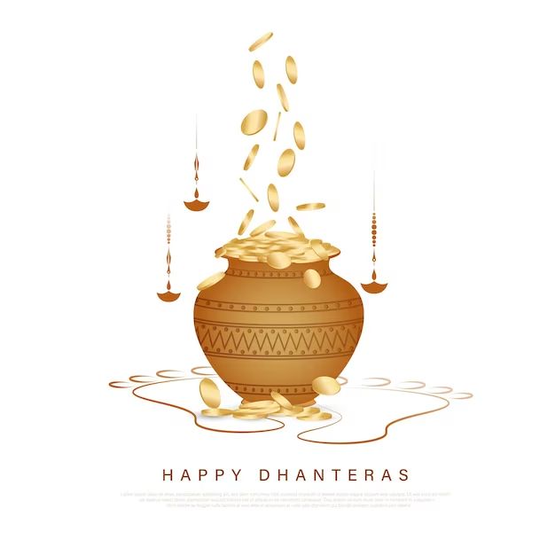 happy dhanteras greeting card with golden coins falling out of a clay pot on white background