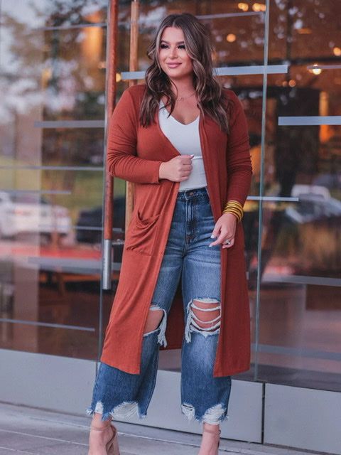 Take on any fall day in these stunning Spiced Up Cardigan featuring soft lightweight material, long sleeves, front pockets, and a draped open front silhouette that fall into a straight calf-length hemline! Color: Rust Long cardigan pockets Fabric: 36% Rayon, 30% Cotton, 30% Acrylic, 4%SpandexSmall fits 2-4Medium fits 6-8Large fits size 10-12XL fits size 14-162XL fits size 18-20Length: 45" Long on Size Medium Rust Cardigan, Pocket Cardigan, Fall Day, Long Blonde Hair, Color Fabric, Autumn Day, Long Sleeve Cardigan, Long Cardigan, Spice Things Up