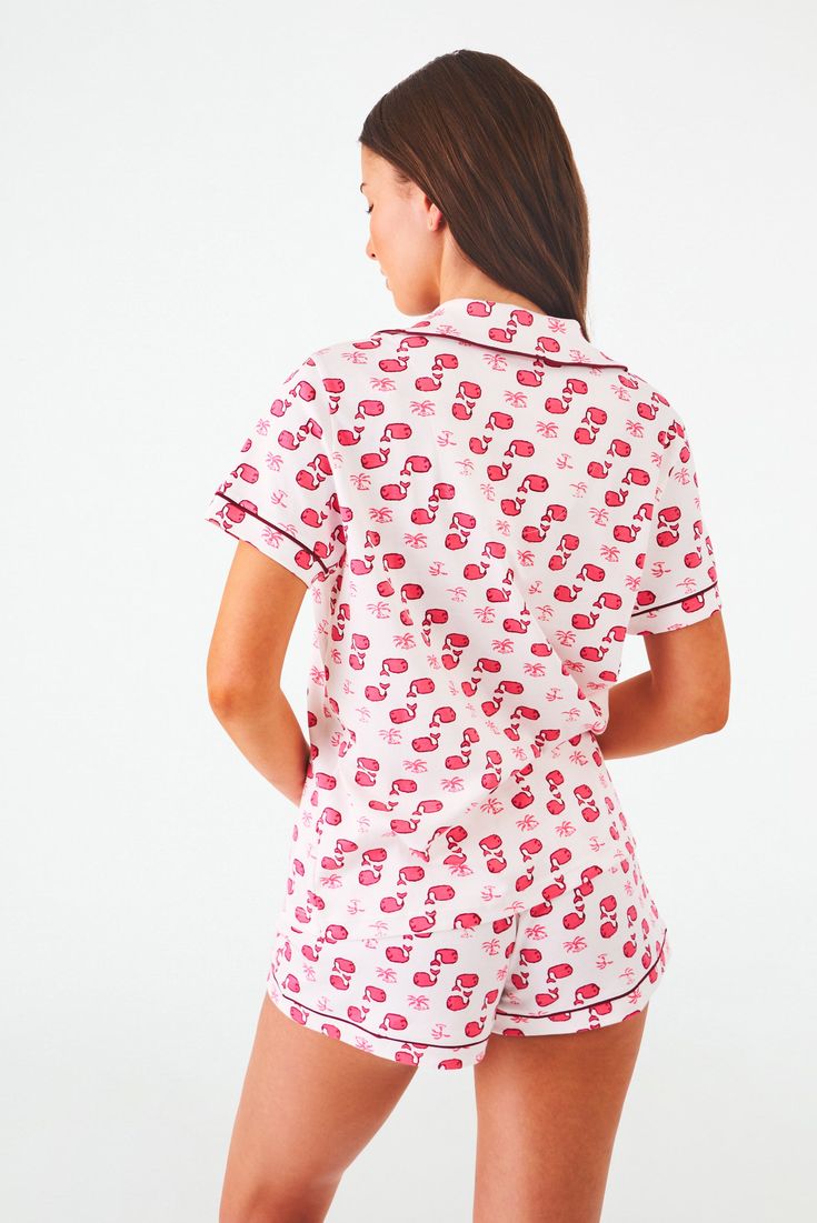 Add a fresh update to your polo sleepwear with our Moby the Whale print! This new version of the original Moby print is designed to bring an updated cult classic to your pajama drawer. Featuring shorts and a matching short-sleeve button-up top, this Pima cotton pajama set is made for a breezy feel on those warmer nights. Button Front Closure Functional Breast Pocket Contrast Piping Detail Mid-Rise Elastic Waist Materials and Care 100% Premium Cotton Machine Wash Cold, With Like Colors Do Not Ble Printed Cotton Pajama Shorts For Sleep, Printed Cotton Pajama Shorts For Bedtime, Cotton Printed Pajama Shorts For Bedtime, Cotton Printed Pajama Shorts For Sleepover, Cotton Graphic Print Sleepwear For Pajama Party, Relaxed Fit Sleepwear With All Over Print For Loungewear, Pink Printed Sleepwear With Relaxed Fit, Relaxed Fit Print Sleepwear For Loungewear, Pink Printed Relaxed Fit Sleepwear