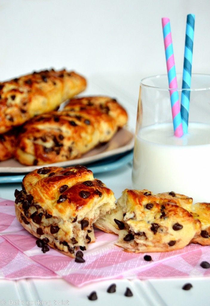 chocolate chip scones and milk on a pink tablecloth with polka dot napkins