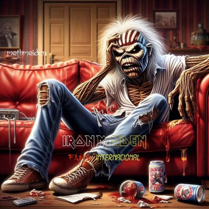 a man sitting on top of a red couch next to cans of soda and beer