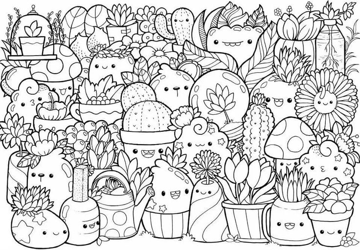 a coloring page with cactus and succulents