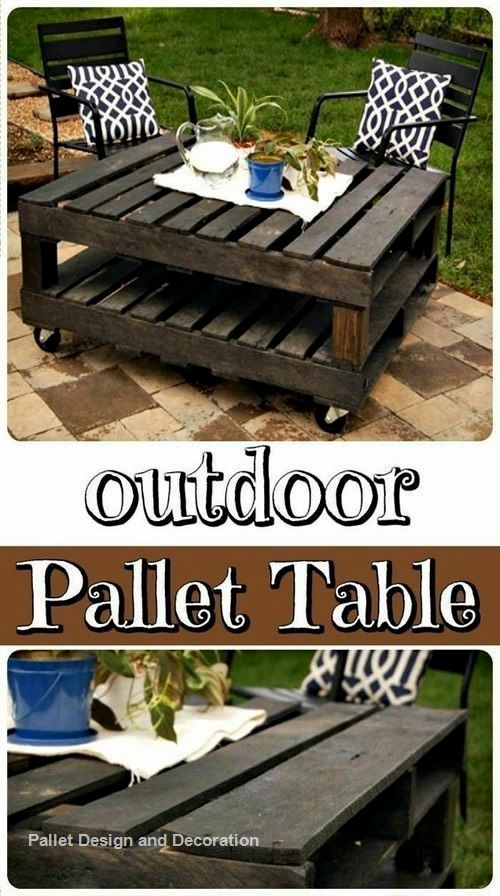 an outdoor table made out of pallet wood with chairs around it and the text overlay reads, outdoor pallet table