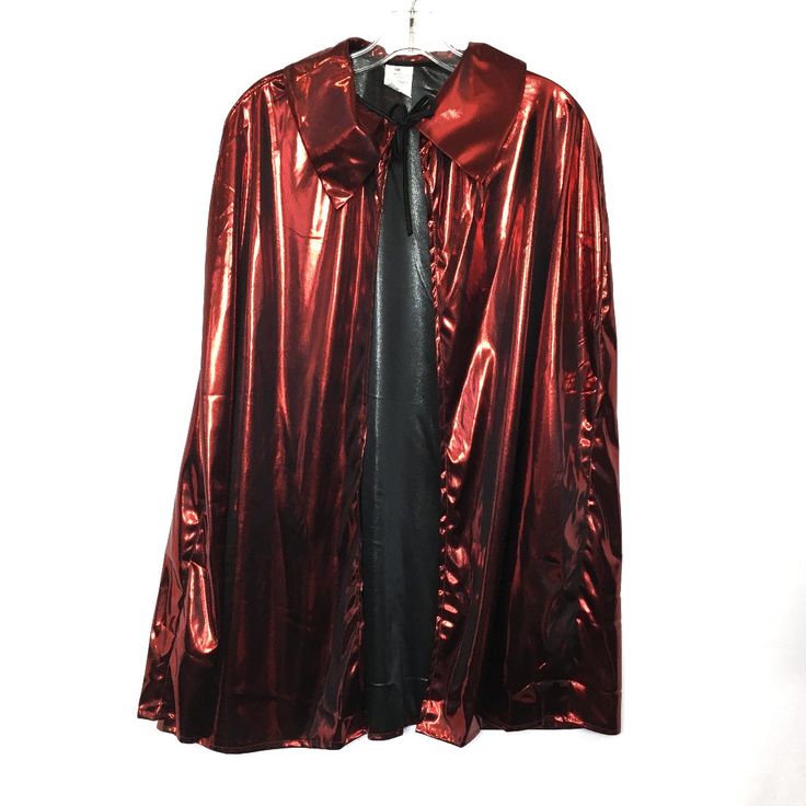 Cape Red Shiny Lame’ 32” Long Unisex 32” Cape With Collar Ties At Neckline Devil - Super Hero - Halloween 60 Vampire Style Winter Party Outerwear, Vampire Style Outerwear For Costume Party In Fall, Long Sleeve Costume For Fall Party, Red Long Sleeve Party Costumes, Red Winter Costume For Costume Party, Solid Color Costume For Halloween Party, Vampire Long Sleeve Costume For Fall, Fall Vampire Costume With Long Sleeves, Red Winter Party Costume