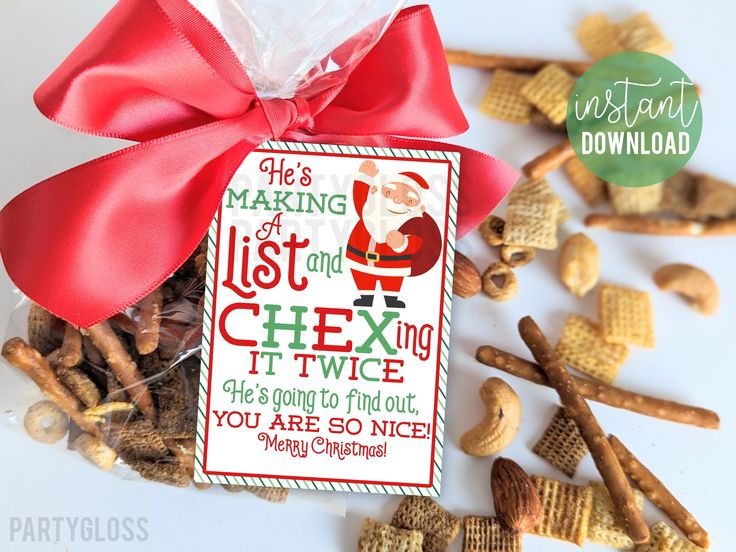 a bag of chex mix with a red bow on it and some candy in the background